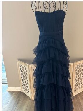 Pear Culture Strapless Navy Ruffled Tulle Gown